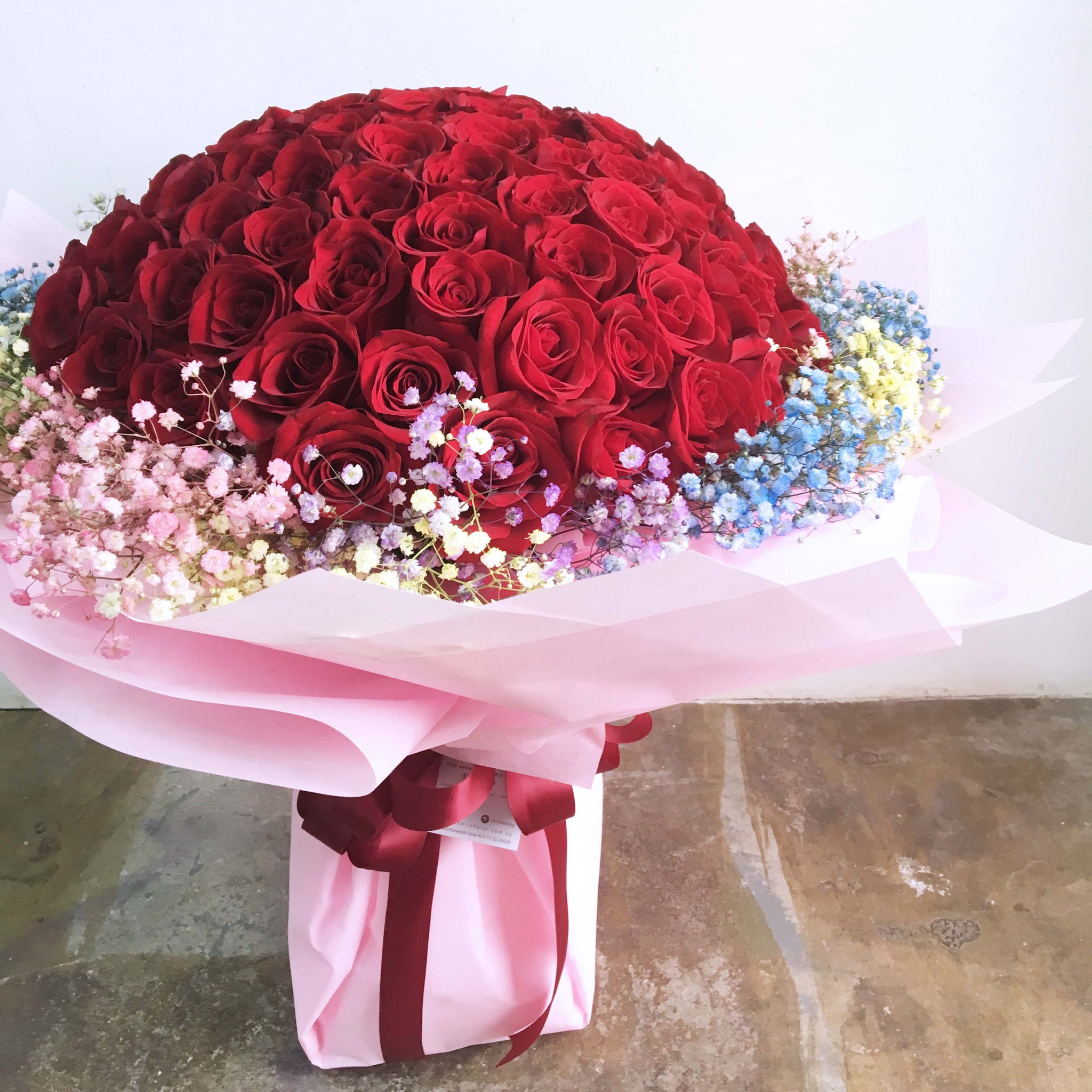 99 Roses Why 99 Roses - Blooming Love (Red Roses with Rainbow Baby Breath)