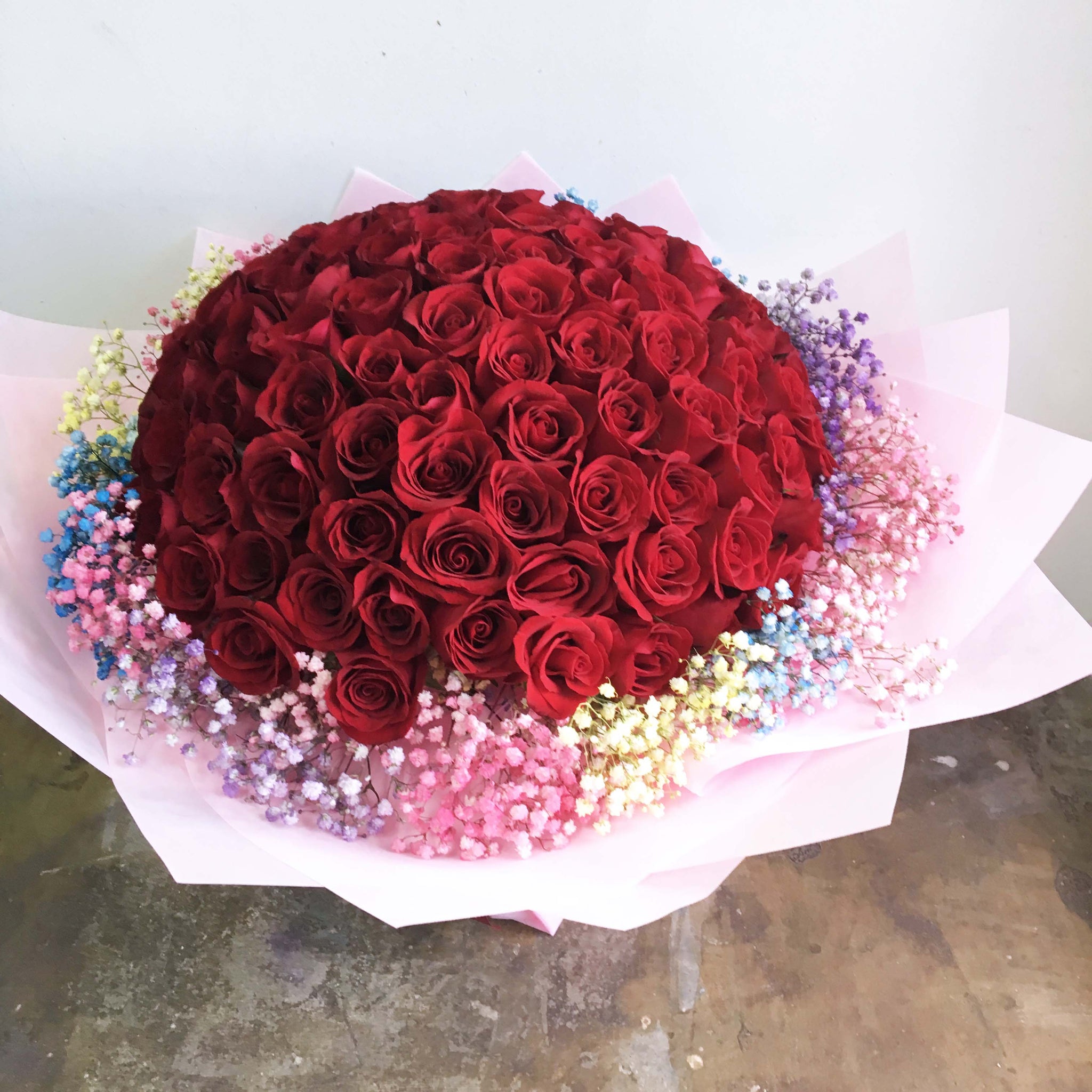 99 Roses - Blooming Love (Red Roses with Rainbow Baby Breath)