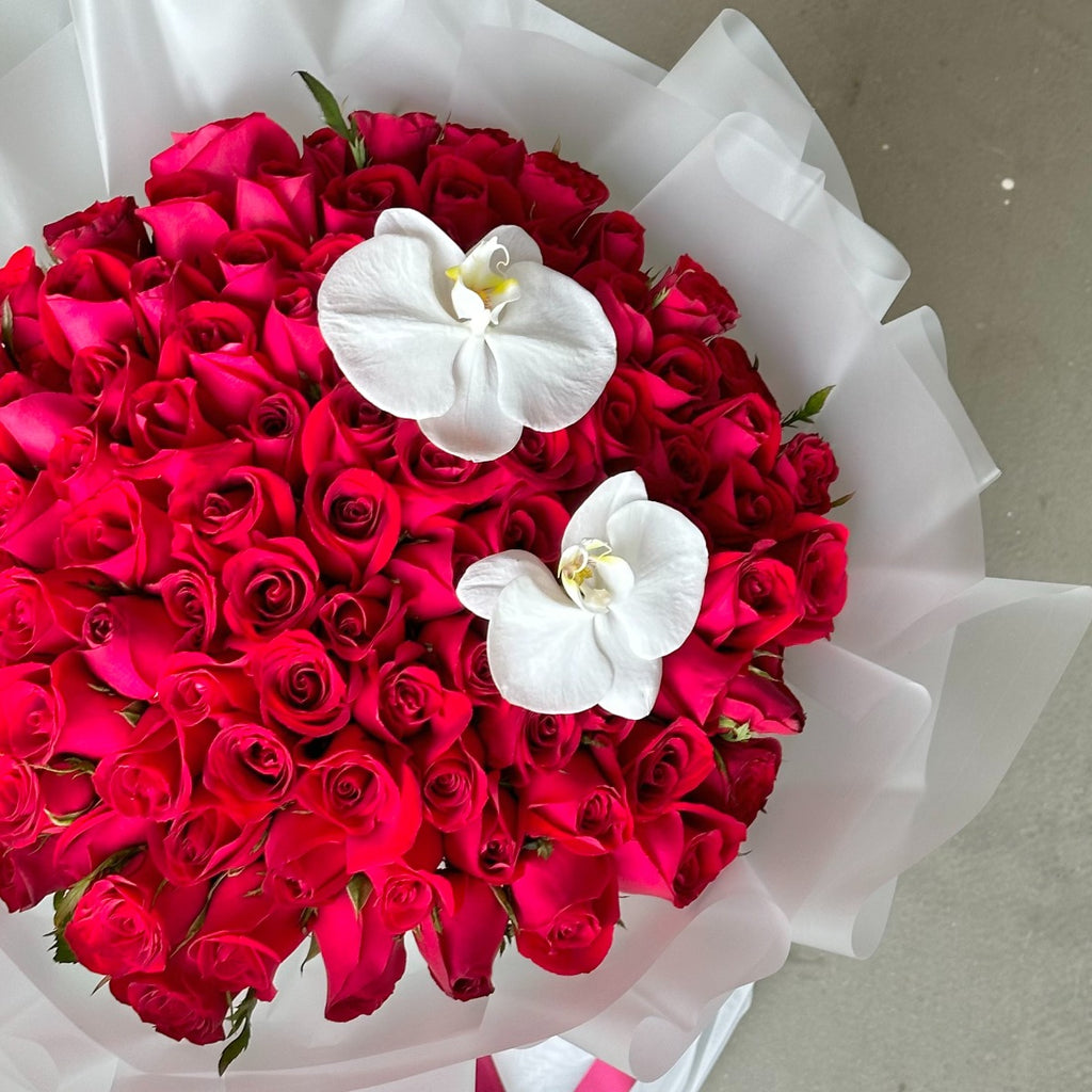 99 Roses - Glamour Tulle (Red in White Mesh with Phalaenopsis)