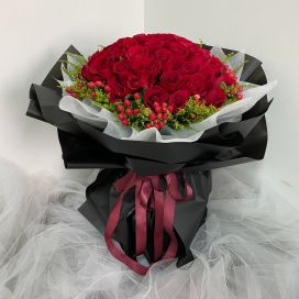 Blooming Love (50 Roses w Berries & Lil' Black Dress)