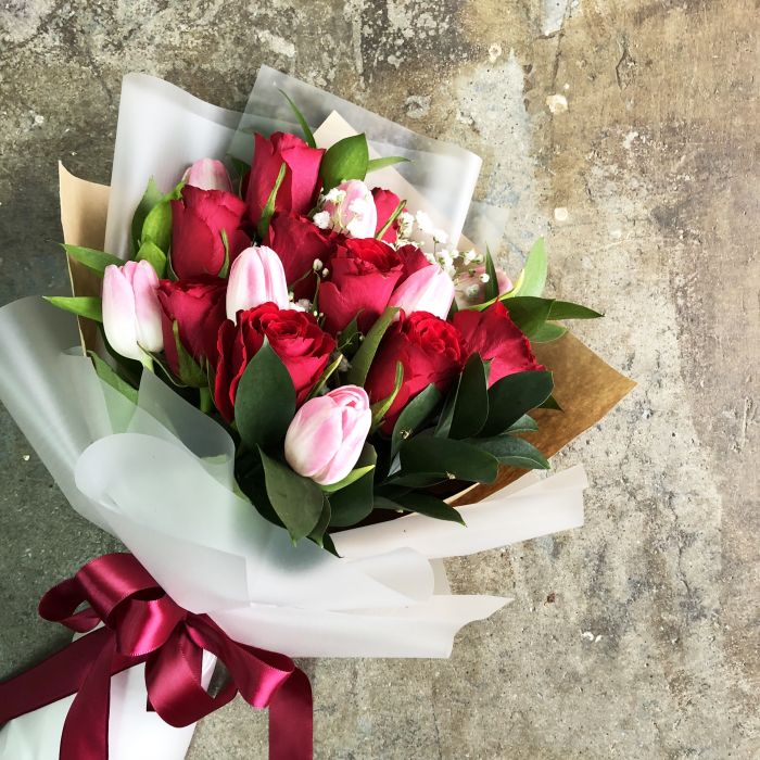 rose and tulip hand bouquet